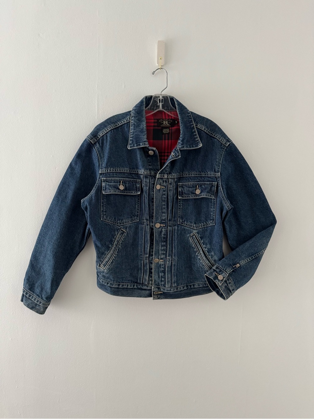 SzM Ralph Lauren Double RL Indigo Denim Jacket with Red Plaid Lining